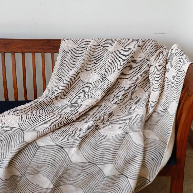Hand woven and hand printed abstract throw blanket for couch, neutral minimalist decor image 3