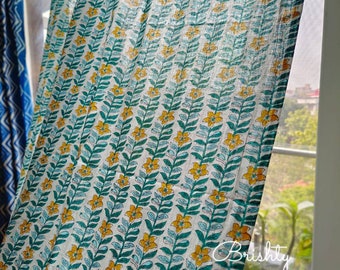 Floral living room bedroom curtains, semi sheer floral cotton curtain, nursery decor curtain panels, breezy yellow teal drapes