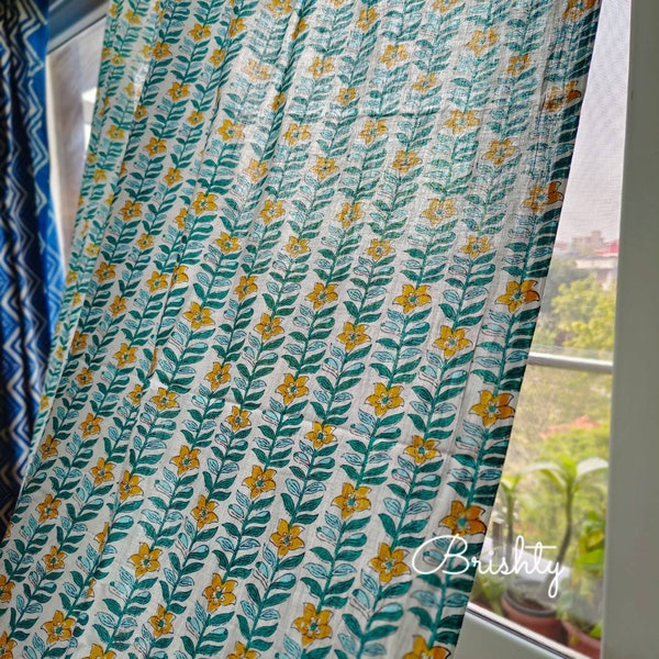 Floral living room bedroom curtains, semi sheer floral cotton curtain, nursery decor curtain panels, breezy yellow teal drapes