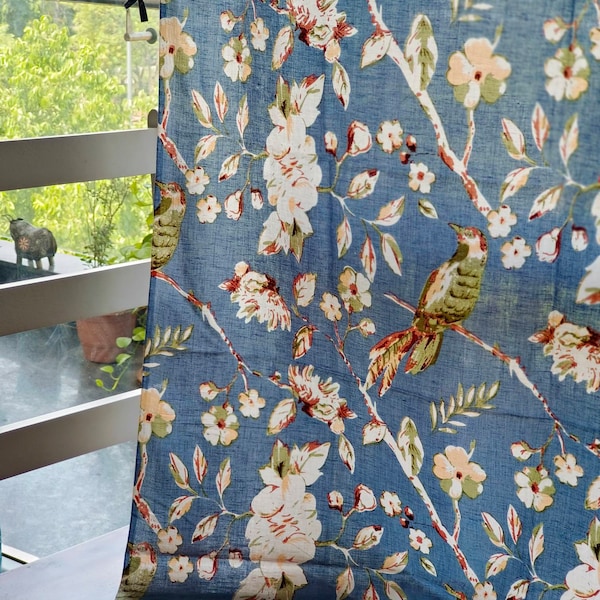 Bird printed floral curtains,  bird farmhouse decor, vintage print curtain panels, floral nursery, shabby chic curtains, can be customized