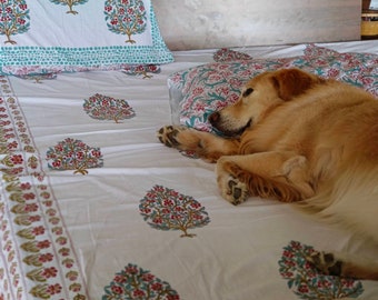 Floral hand block printed queen size bedsheet in white sea green and red, both flat and fitted sheets, floral bedding with matching shams