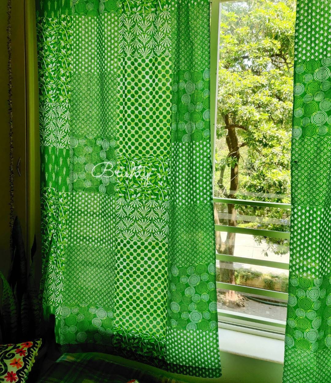 Eclectic bright green curtains Set Of Two Panels Bohemian Etsy