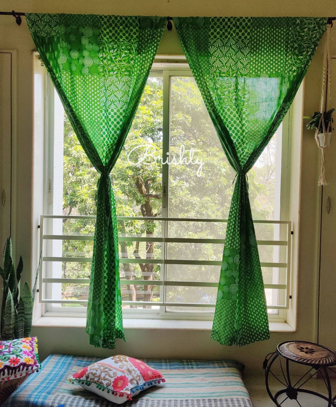 Eclectic bright green curtains Set Of Two Panels Bohemian Etsy