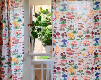 Wild mushroom curtain panels SET OF 2,  white curtains, quirky mushroom, nursery curtains window, colorful mushroom decor, boho curtains