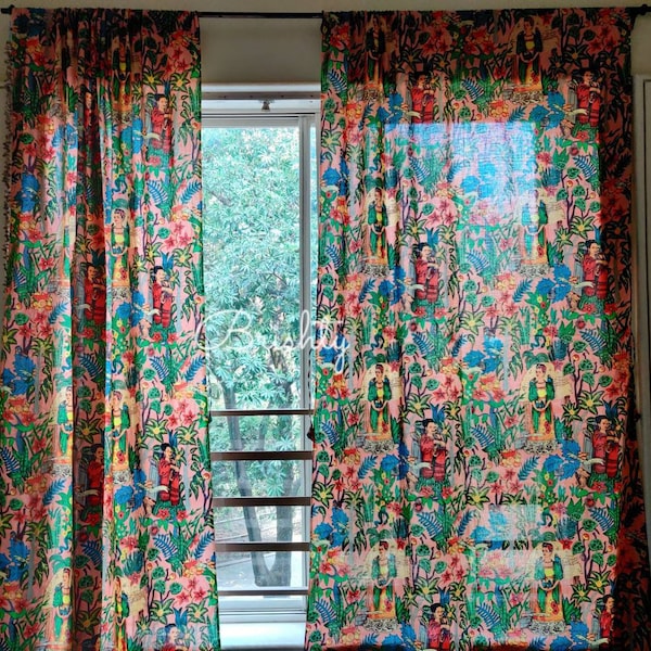 Frida Kahlo inspired boho eclectic curtain panels, semi sheer bohemian curtains, rideaux boheme, boho home decor, colorful drapes