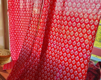 Red floral hand printed curtains, cottage style floral semi sheer drapes, can be customised, spring summer curtain panels