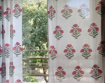 Red poppy floral block printed curtains, Bohemian summer curtains, Indian block print, floral minimalist curtain panels