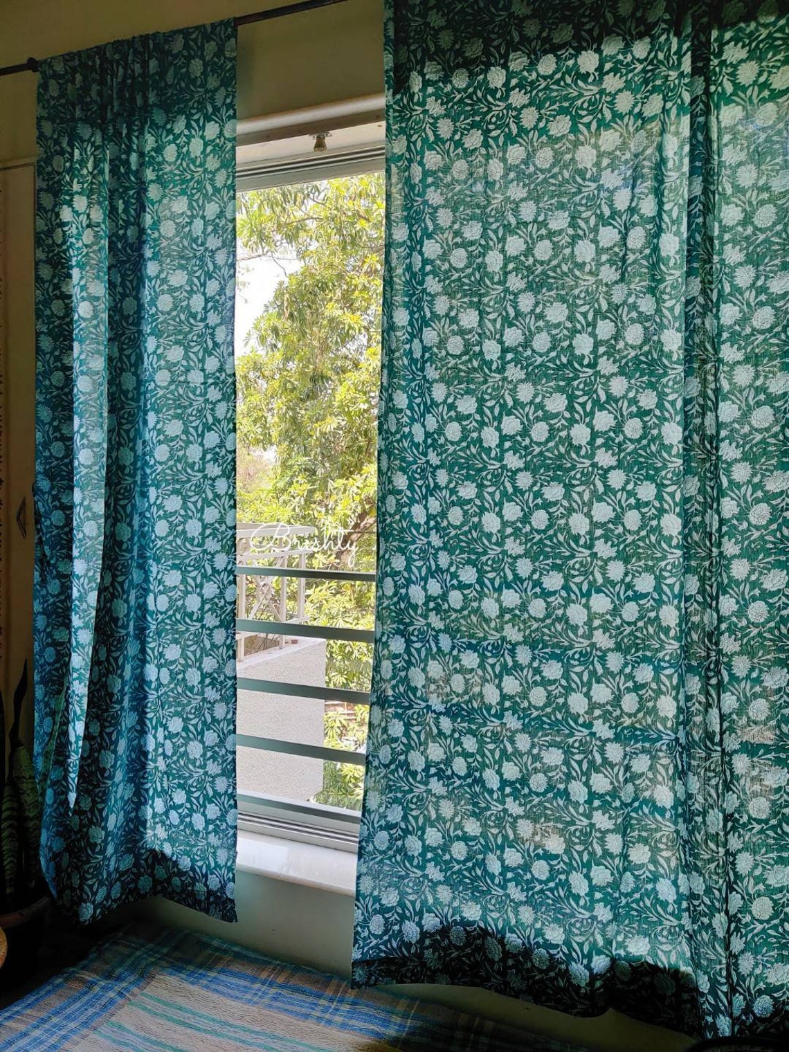 Two green floral curtain panels semi sheer cotton curtains Etsy