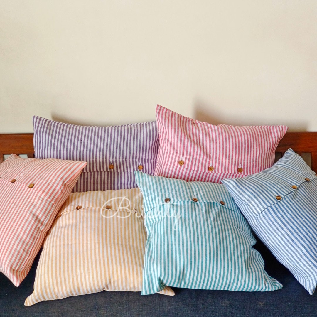 Striped Cotton Throw Pillow Covers With Wooden Button Closure