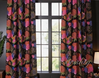 Bunte Boho Samtvorhänge, Schwarze Blumen Samtvorhänge für Wohnzimmer, Schlafzimmer, können angepasst werden