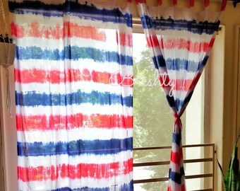 Tie dyed navy red white nautical light breezy curtain drapes, nursery curtains, coastal beach decor curtains, breezy semi sheer curtains