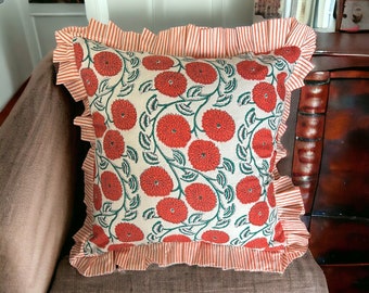 Orange floral pillow cover, available with and without ruffles, can be customised, ruffles frill floral cushion cover