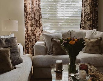 Vintage style fall curtains, floral silhouette curtains, brown bedroom panels, can be customised to blackout drapes