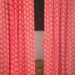 Colorful Indian bandhani print red and yellow curtain, Indian fabric drapes, semi sheer lightweight cotton curtain, can be custom made image 3