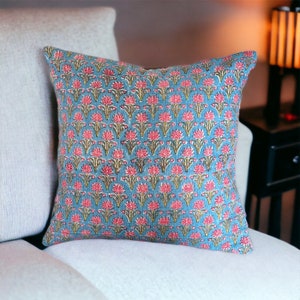 Floral hand printed pillow cover in vibrant blue and pink, cotton pillow cover can be customized, available both with and without ruffles image 2