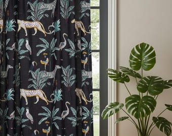 Schwarze tropische Dschungel-Safari Boho Vorhänge, Dschungel halb schiere Vorhang Panels 2er-Set