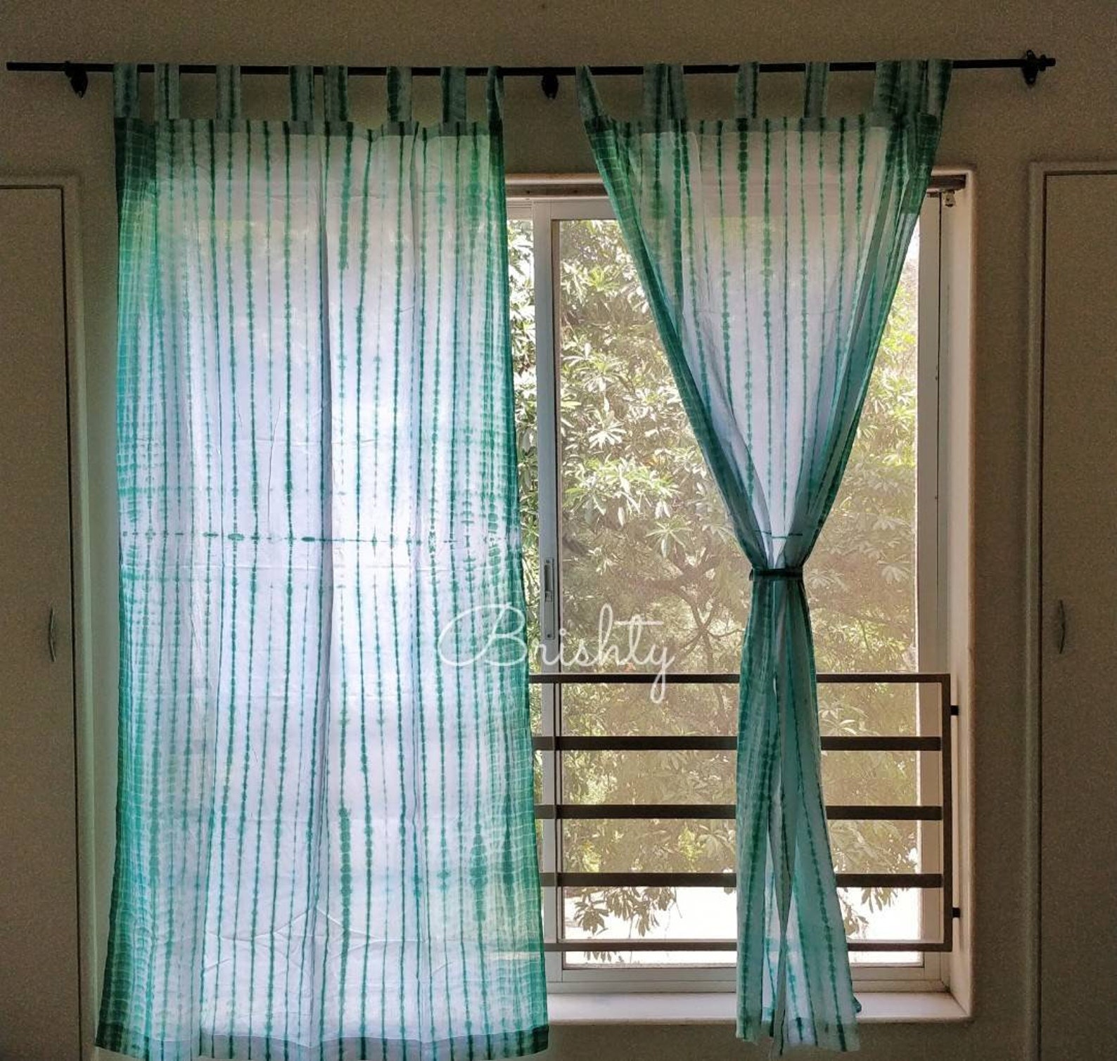 Two spring summer green boho curtain panels bohemian coastal Etsy