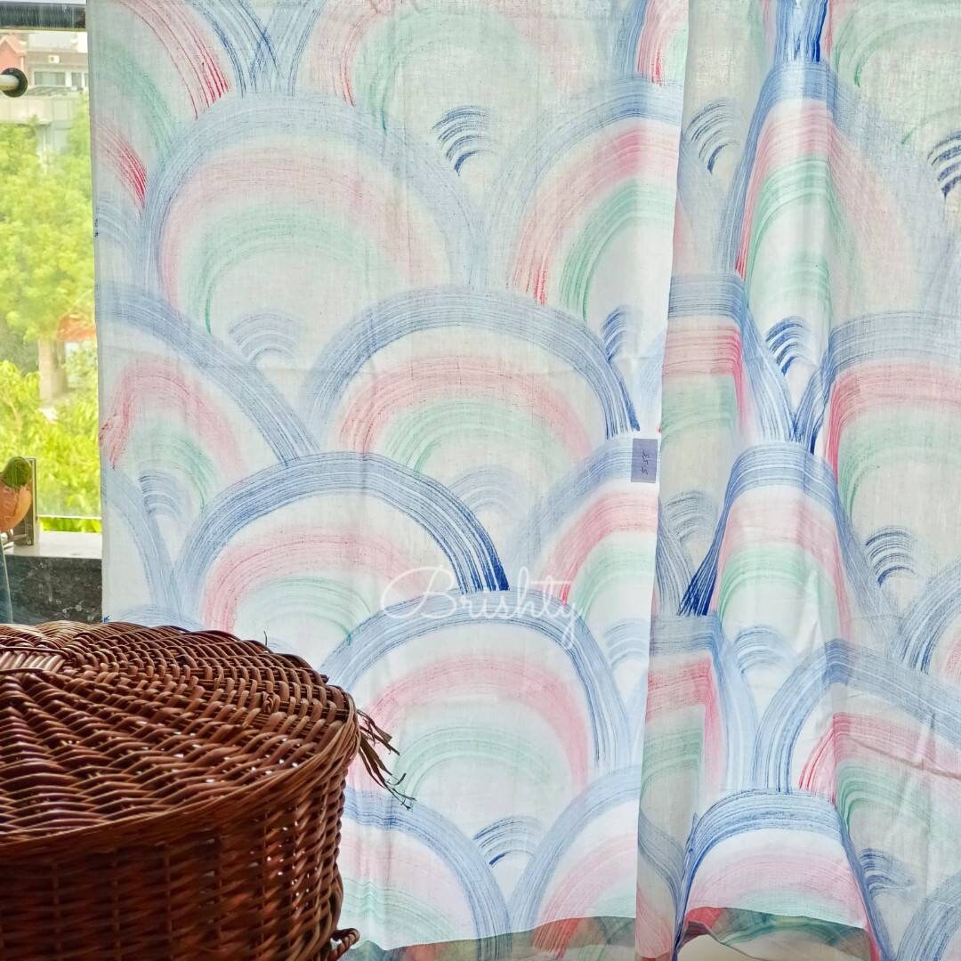 Minimalist Scandinavian curtain with pastel rainbow hand painted for a calming energy in home, white minimalist drapes, can be customised