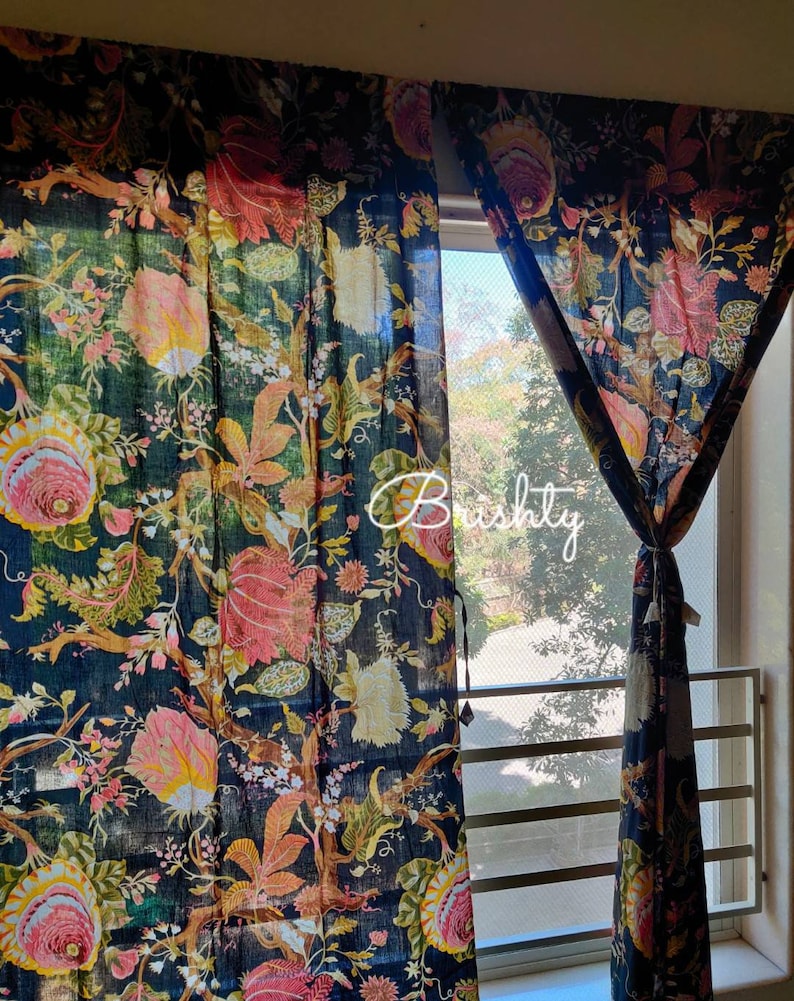 Black vintage style floral cottage curtains, bold botanical curtains with tie backs, shabby chic drapes, can be customised image 2