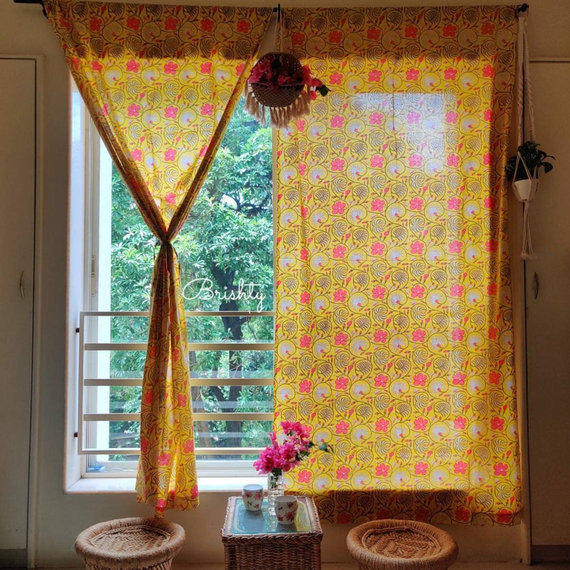 Yellow and pink sunshine floral curtains Bohemian curtains Etsy