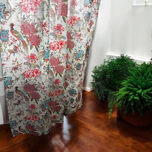 Bright colorful semi sheer curtain with flowers and birds printed on light sea green or mint, colourful bedroom living room patio curtain
