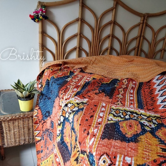 Orange navy fall boho kantha throw quilt, fall kantha coverlet, orange kantha table cover, colorful kantha throw, kantha discount