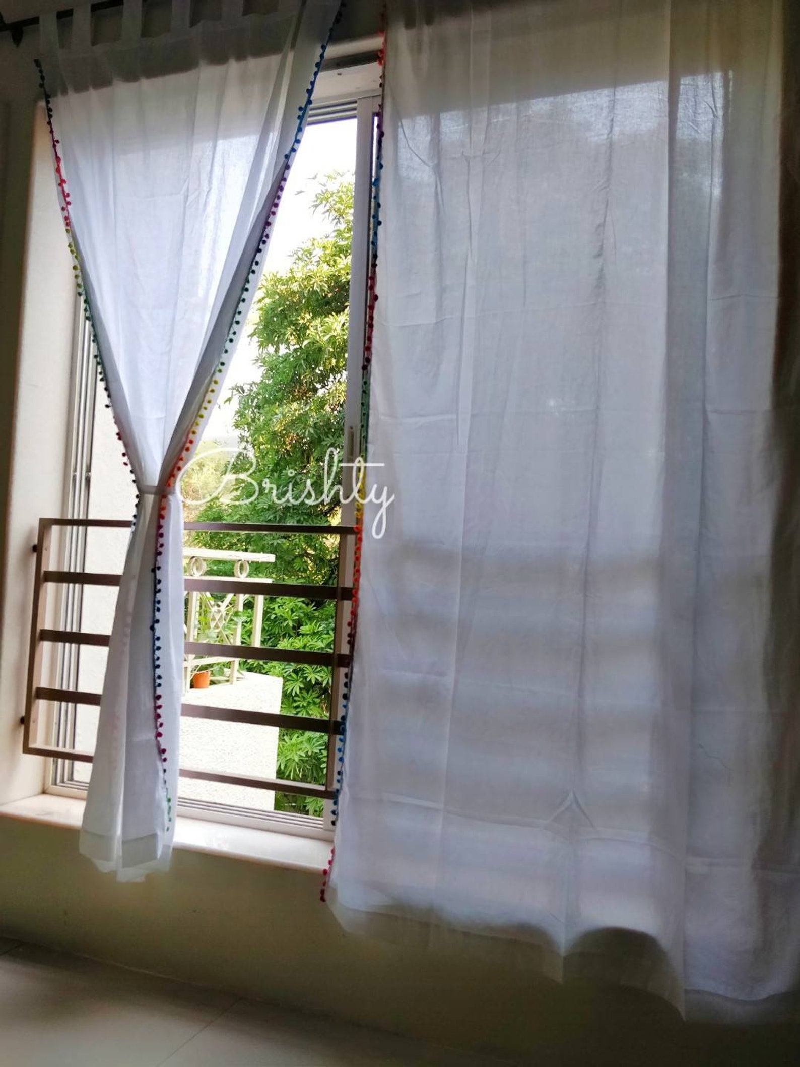 Set of two white boho curtains with rainbow trim bohemian | Etsy