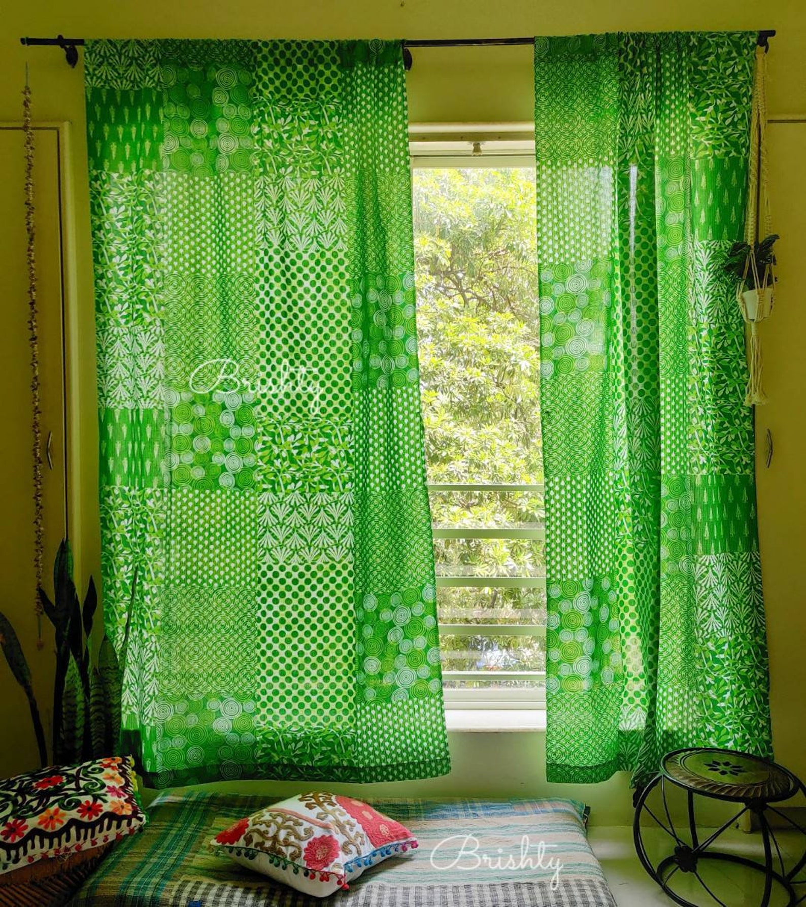 Eclectic bright green curtains Set Of Two Panels Bohemian Etsy