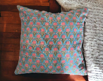 Floral hand printed pillow cover in vibrant blue and pink, cotton pillow cover can be customized, available both with and without ruffles