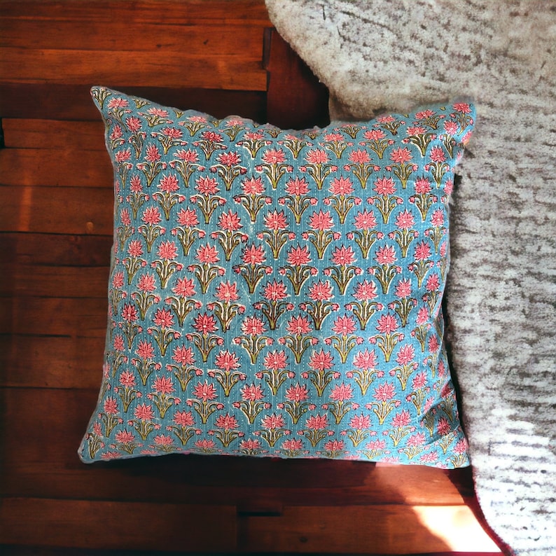 Floral hand printed pillow cover in vibrant blue and pink, cotton pillow cover can be customized, available both with and without ruffles image 1
