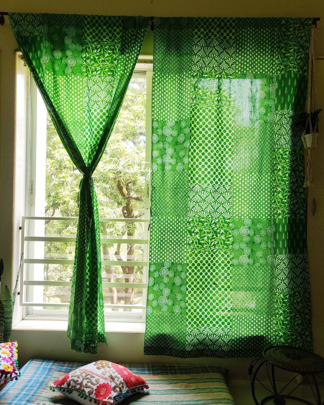 Eclectic bright green curtains Set Of Two Panels Bohemian Etsy