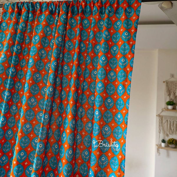 Moroccan floral lattice blue orange curtain panels, colorful bright bedroom living room nursery cafe curtains, can be customised