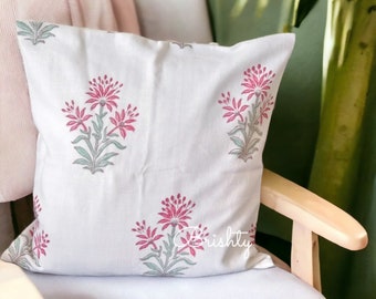 Hand block printed thick cotton pillow cover, floral block printed cushion cover, can be customized to all sizes, minimalist floral pillow