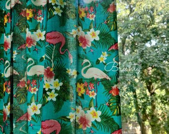 Rideaux boho semi-transparents thème botanique tropical flamant rose sarcelle foncé