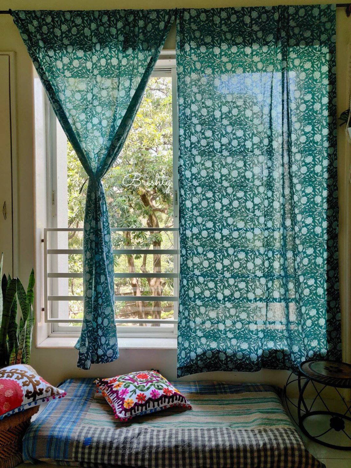 Two green floral curtain panels semi sheer cotton curtains Etsy