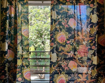 Black vintage style floral cottage curtains, bold botanical curtains with tie backs, shabby chic drapes, can be customised