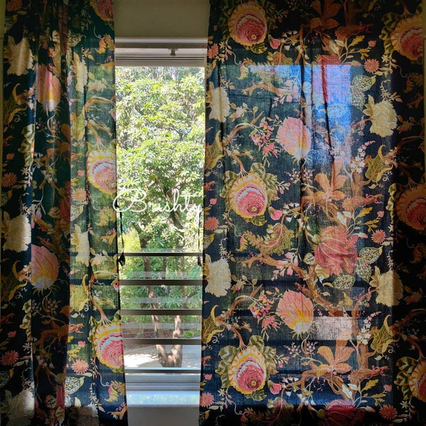Black vintage style floral cottage curtains, bold botanical curtains with tie backs, shabby chic drapes, can be customised