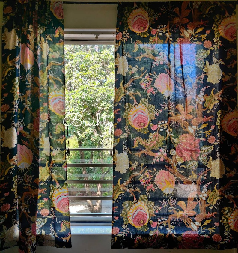 Black vintage style floral cottage curtains, bold botanical curtains with tie backs, shabby chic drapes, can be customised image 1