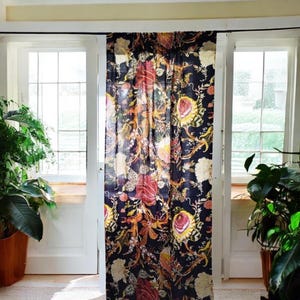 Black vintage style floral cottage curtains, bold botanical curtains with tie backs, shabby chic drapes, can be customised