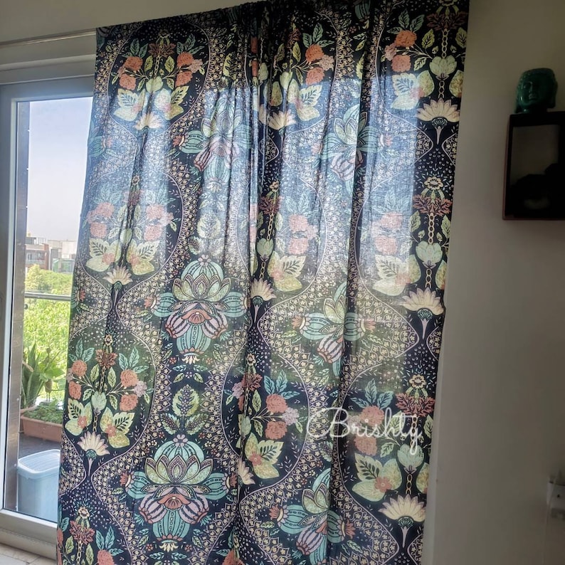 Black curtain panel with vintage like floral pattern, light and breezy black floral cotton curtains, can be customized to all styles image 5