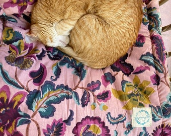 Soft floral cat lounge mat, travel friendly bedding, hand printed reversible, easy to carry, machine washable, can be customized