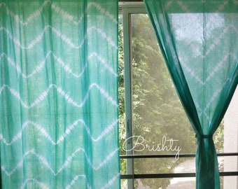 Coastal zig zag tie dyed curtains in sea foam green aqua for a soothing beach inspired decor