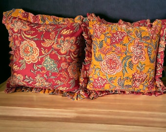 Customizable Hand-Block Printed Floral Cotton Cushion Covers in Maroon and Mustard yellow- with and without ruffles