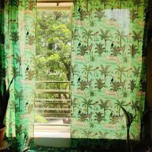 Tropical rainforest boho curtains, Jungle boho curtain panels, leopard zebra toucan bird print curtain panels, jungle nursery