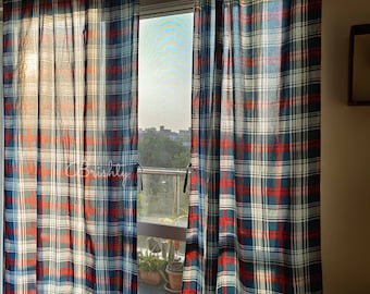 Checkered plaid cotton farmhouse curtains, Set of two semi sheer rustic farmhouse cottage curtain panels, Can be customised, Boys room decor