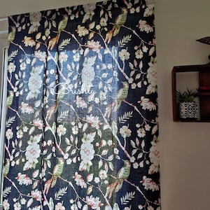 Shabby chic cottage curtains in vintage like floral print, semi sheer black floral bird printed cotton curtains, nature inspired curtains