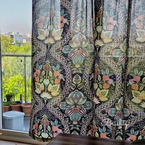 Black curtain panel with vintage like floral pattern, light and breezy black floral cotton curtains, can be customized to all styles image 1