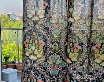 Black curtain panel with vintage like floral pattern, light and breezy black  floral cotton curtains, can be customized to all styles