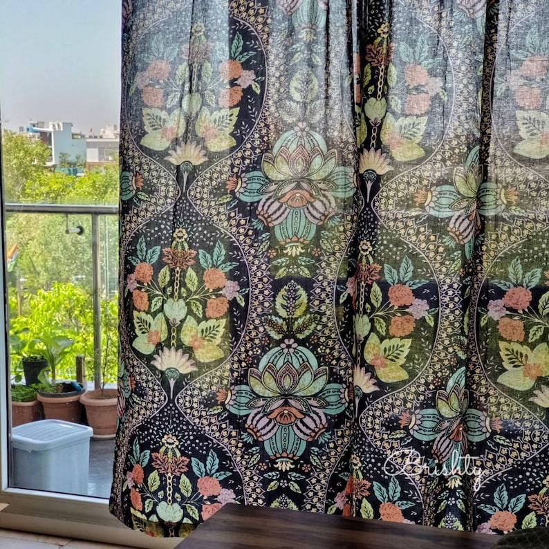 Black curtain panel with vintage like floral pattern, light and breezy black floral cotton curtains, can be customized to all styles image 1