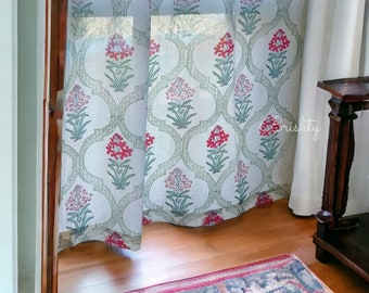 Sheer hand printed curtain with delicate floral motifs for an airy breezy charm, can be customized, calming minimal white floral curtains